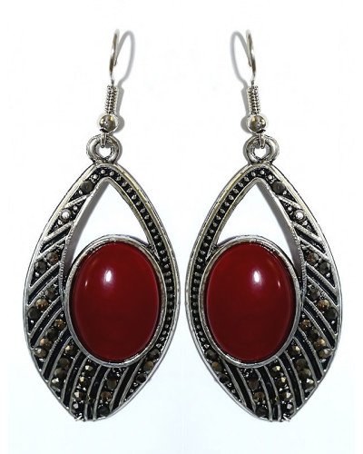 Сережки Fashion Jewelry. Під крапельне срібло. Камені: бордовий агат та гематит. Довжина: 6 см. Ширина: 23 мм.