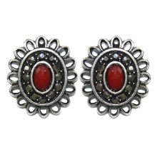Сережки Fashion Jewelry. Під крапельне срібло. Камені: бордовий агат та гематит. Діаметр: 19 мм.