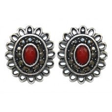 Сережки Fashion Jewelry. Під крапельне срібло. Камені: бордовий агат та гематит. Діаметр: 19 мм.