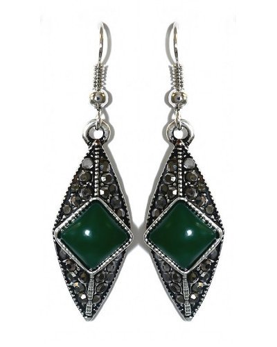Сережки Fashion Jewelry. Під крапельне срібло. Камені: зелений агат та гематит. Довжина: 47 мм. Ширина: 12 мм.