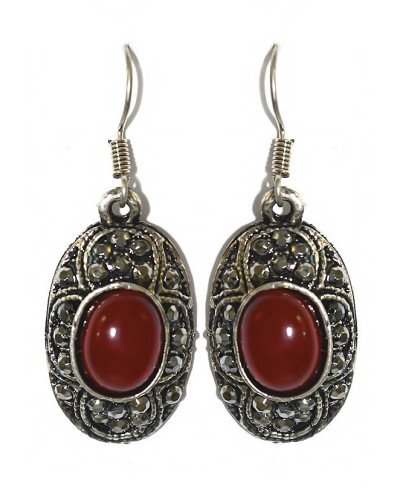 Сережки Fashion Jewelry. Під крапельне срібло. Камені: бордовий агат та гематит. Висота: 3.8 см. Ширина: 14 мм.