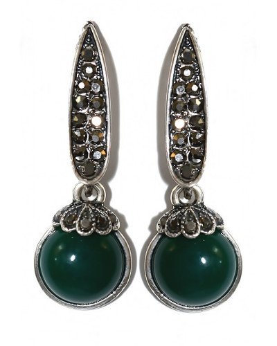 Сережки Fashion Jewelry. Під крапельне срібло. Камені: зелений агат та гематит. Довжина: 40 мм. Ширина: 13 мм.