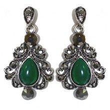 Сережки Fashion Jewelry. Під крапельне срібло. Камені: зелений агат та гематит. Довжина: 39 мм. Ширина: 21 мм.