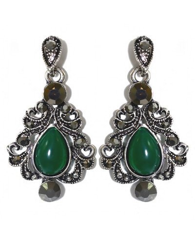 Сережки Fashion Jewelry. Під крапельне срібло. Камені: зелений агат та гематит. Довжина: 39 мм. Ширина: 21 мм.