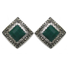 Сережки Fashion Jewelry. Під крапельне срібло. Камені: зелений агат та гематит. Діаметр: 26 мм.