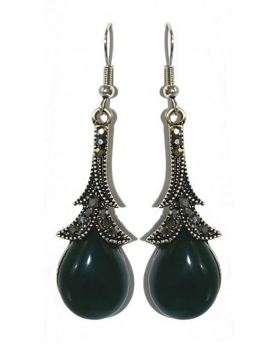 Сережки Fashion Jewelry. Під крапельне срібло. Камені: зелений агат та гематит. Довжина: 6.1 см. Ширина: 15 мм.