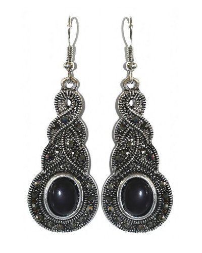 Сережки Fashion Jewelry. Під крапельне срібло. Камені: чорний агат та гематит. Довжина: 5.8 см. Ширина: 19 мм.