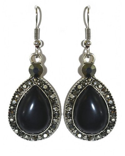 Сережки Fashion Jewelry. Під крапельне срібло. Камені: чорний агат та гематит. Довжина: 4.7 см. Ширина: 18 мм.