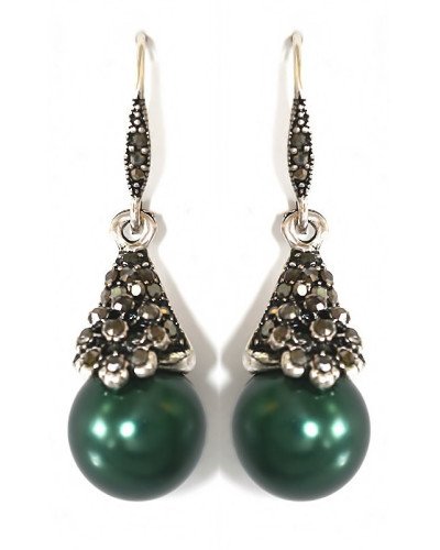 Сережки Fashion Jewelry. Під крапельне срібло. Камені: зелений агат та гематит. Довжина: 4.5 см. Ширина: 14 мм.