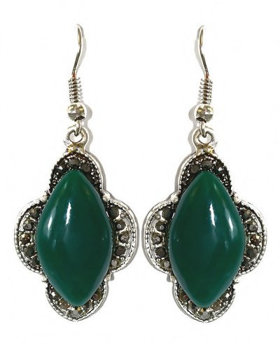 Сережки Fashion Jewelry. Під крапельне срібло. Камені: зелений агат та гематит. Довжина: 47 мм. Ширина: 19 мм.