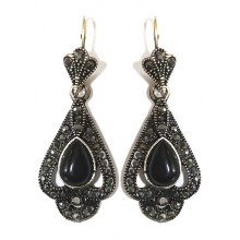 Сережки Fashion Jewelry. Під крапельне срібло. Камені: чорний агат та гематит. Висота: 45 мм. Ширина: 17 мм.