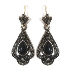 Сережки Fashion Jewelry. Під крапельне срібло. Камені: чорний агат та гематит. Висота: 45 мм. Ширина: 17 мм.