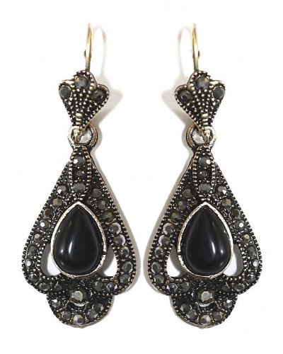 Сережки Fashion Jewelry. Під крапельне срібло. Камені: чорний агат та гематит. Висота: 45 мм. Ширина: 17 мм.