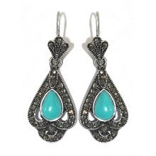 Сережки Fashion Jewelry. Під крапельне срібло. Камені: бірюзовий агат та гематит. Довжина: 45 мм. Ширина: 17 мм.