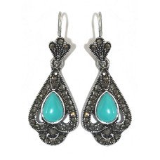 Сережки Fashion Jewelry. Під крапельне срібло. Камені: бірюзовий агат та гематит. Довжина: 45 мм. Ширина: 17 мм.