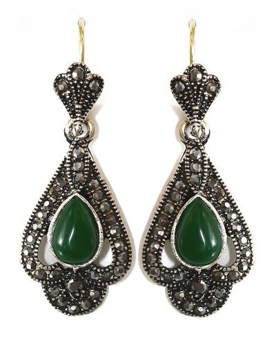 Сережки Fashion Jewelry. Під крапельне срібло. Камені: зелений агат та гематит. Довжина: 45 мм. Ширина: 17 мм.