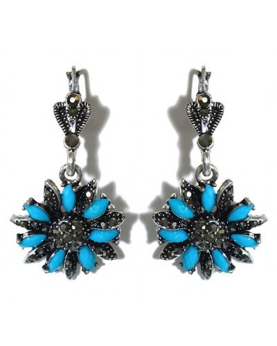 Сережки Fashion Jewelry. Під крапельне срібло. Камені бірюзовий агат та гематит. Довжина: 44 мм. Ширина: 22 мм.
