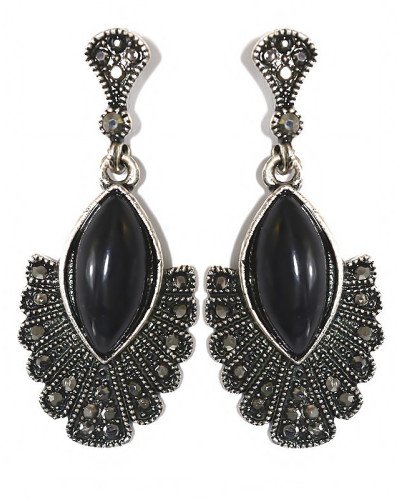 Сережки-гвоздики Fashion Jewelry. Під крапельне срібло. Камені: агат та гематит. Довжина: 42 мм. Ширина: 18 мм.