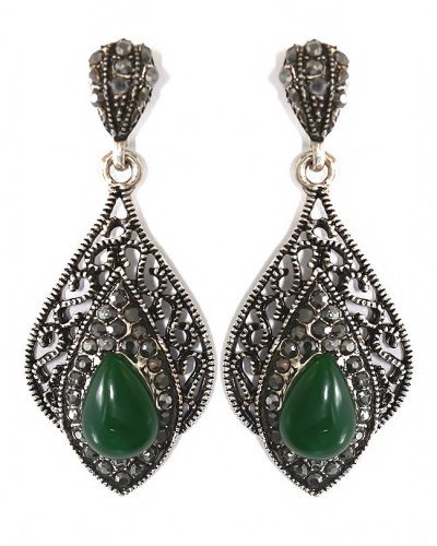 Сережки-гвоздики Fashion Jewelry. Під крапельне срібло. Камені: агат та гематит. Довжина: 41 мм. Ширина: 18 мм.