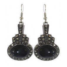 Сережки Fashion Jewelry. Під крапельне срібло. Камені: чорний агат та гематит. Довжина: 55 мм. Ширина: 25 мм.