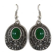 Сережки Fashion Jewelry. Під крапельне срібло. Камені: зелений агат та гематит. Довжина: 44 см. Ширина: 21 мм.