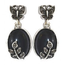 Сережки-гвоздики Fashion Jewelry Під крапельне срібло Камені: чорний агат та гематит Довжина: 36 мм Ширина: 17 мм