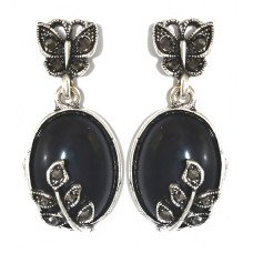Сережки-гвоздики Fashion Jewelry Під крапельне срібло Камені: чорний агат та гематит Довжина: 36 мм Ширина: 17 мм