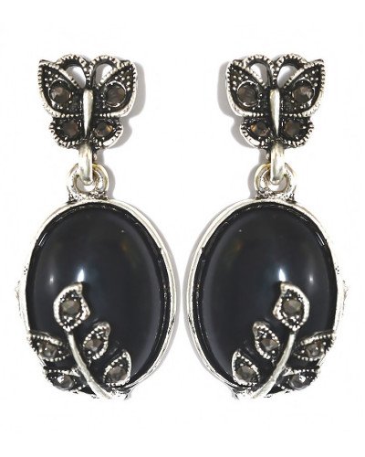 Сережки-гвоздики Fashion Jewelry Під крапельне срібло Камені: чорний агат та гематит Довжина: 36 мм Ширина: 17 мм