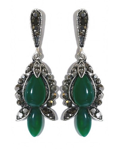 Сережки-гвоздики Fashion Jewelry Під крапельне срібло Камені: зелений агат та гематит Довжина: 48 мм Ширина: 16 мм