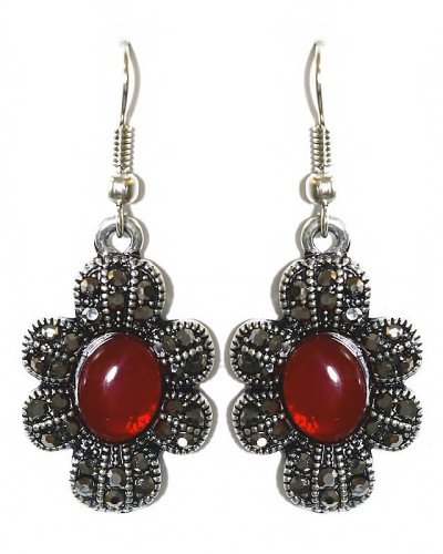 Сережки Fashion Jewelry Під крапельне срібло Камені: бордовий агат та гематит Довжина: 44 мм Ширина: 18 мм