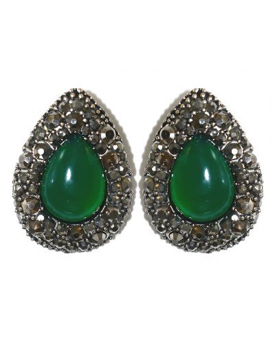Сережки-гвоздики Fashion Jewelry Під крапельне срібло Камені: зелений агат та гематит Довжина: 26 мм Ширина: 19 мм