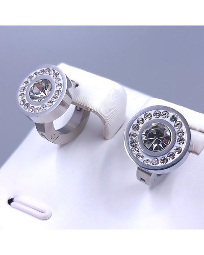 Сережки Stainless Steel з білою емаллю та цирконами. Сталь. Родій. Діаметр: 13 мм. Ширина: 11 мм.