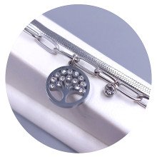 Подвійний браслет Stainless Steel. Сталь. Родій. Камені: білий циркон. Довжина: 16-21 см