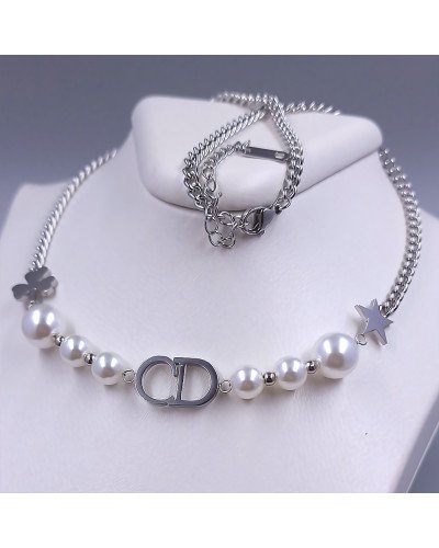 Ланцюжок Stainless Steel з кулонами. Сталь. Родій. Камені: циркон та перли. Довжина ланцюжка: 42-47 см
