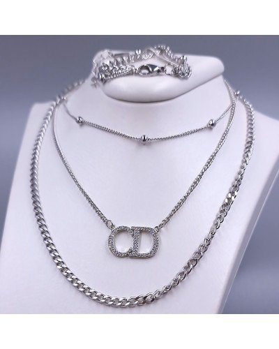 Потрійний ланцюжок Stainless Steel з кулоном. Сталь. Родій. Довжина основного ланцюжка: 38.5-44 см