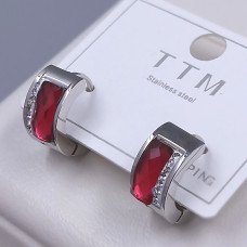 Сережки Stainless Steel. Сталь. Родій. Камені: білий та малиновий циркон. Діаметр: 15 мм. Ширина: 7 мм.