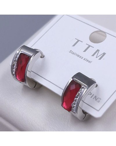 Сережки Stainless Steel. Сталь. Родій. Камені: білий та малиновий циркон. Діаметр: 15 мм. Ширина: 7 мм.