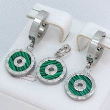 Набір Stainless Steel: сережки (27 мм/ 12 мм) та кулон (20 мм/ 12 мм). Сталь. Родій.