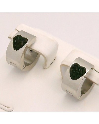 Сережки Stainless Steel. Сталь. Родій. Камені: чорний циркон. Діаметр: 12 мм. Ширина: 5 мм.