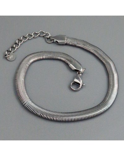 Браслет Stainless Steel. Сталь. Родій. Довжина: 20-23 см.  Ширина: 5 мм. Плоский снійк