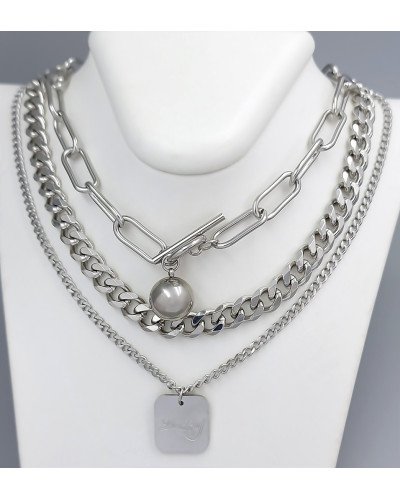 Потрійний ланцюжок Stainless Steel з кулоном. Сталь. Родій. Довжина основного ланцюжка: 38-51 см