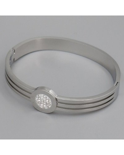 Жорсткий браслет Stainless Steel з емаллю. Родій. Сталь. Камені: білий циркон. Діаметр: 62 мм. Ширина: 14 мм.