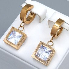 Сережки Stainless Steel. Сталь. Позолота ЧВ. Камені: білий циркон. Довжина: 32 мм. Ширина: 12 мм.