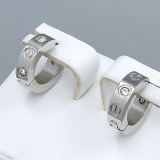 Сережки Stainless Steel. Сталь. Родій. Камені: білий циркон. Діаметр: 13 мм. Ширина: 4 мм.