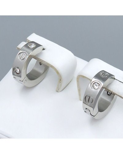 Сережки Stainless Steel. Сталь. Родій. Камені: білий циркон. Діаметр: 13 мм. Ширина: 4 мм.