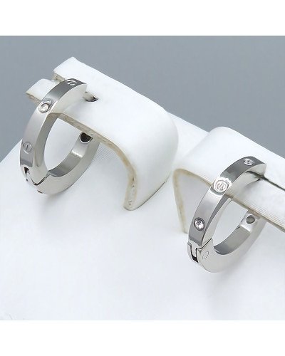 Сережки Stainless Steel. Сталь. Родій. Камені: білий циркон. Діаметр: 13 мм. Ширина: 1.8 мм.