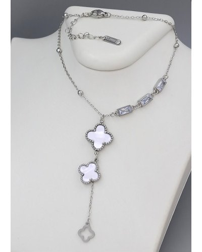 Ланцюжок з двостороннім кулоном Stainless Steel з білою емаллю та цирконом. Сталь. Родій. Довжина: 40-45 см