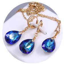 Набір ХР. Сережки та кулон на ланцюжку зі Swarovski синього кольору. Мед. золото 18К Ланцюжок: 40-45 см. Сережки: 35 мм.