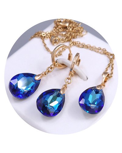 Набір ХР. Сережки та кулон на ланцюжку зі Swarovski синього кольору. Мед. золото 18К Ланцюжок: 40-45 см. Сережки: 35 мм.