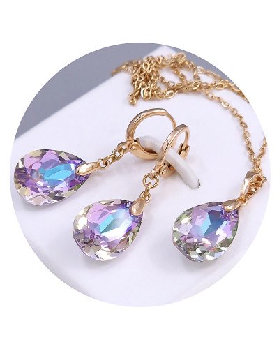 Набір ХР. Сережки та кулон на ланцюжку зі Swarovski бузкового кольору. Мед. золото 18К Ланцюжок: 40-45 см. Сережки: 35 мм.